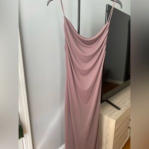 Taupe draped neck midi dress with double spaghetti straps. Brand new. Size:L